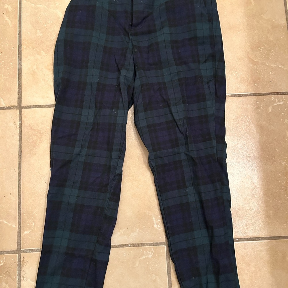 Blue/Green/Black Plaid Straight Leg Trousers